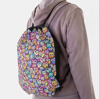 Owl faces cute cartoon birds colorful woodland drawstring bag