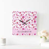 Pattern Of Owls, Cute Owls, Pink Owls, Your Name Square Wall Clock