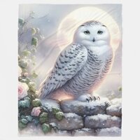 Snowy Owl in Moonlit Winter Garden Fleece Blanket
