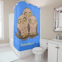 Cute baby owl trio cartoon illustration shower curtain