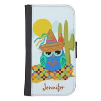 Cute Sombrero owl with parrot & custom Name Wallet Phone Case For Samsung Galaxy S4