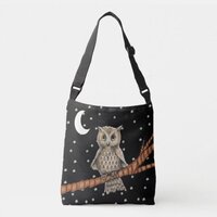 Brown Owl Golden Eyes on Branch Moon Stars Black Crossbody Bag