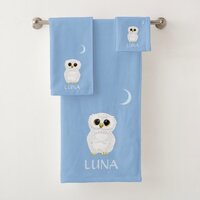 White Owl & Crescent Moon on Sky Blue  Bath Towel Set