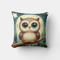 Cute baby owl at night with moon throw pillow