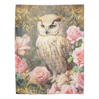 Owl and Pink Roses Duvet Cover