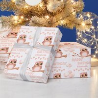 Cute Baby Owl Balloon Girl Happy Birthday Wrapping Paper