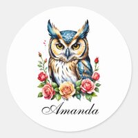 Watercolor Owl with Flowers Girly Classic Round Sticker