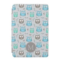 Cute Blue Grey Owl Pattern Monogram iPad Mini Cover