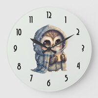 Cute Big-Eyed Owl Holding a Coffee Large Clock