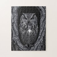 Owl in a Tree Hollow Black and White Jigsaw Puzzle