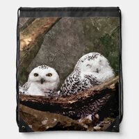 Snowy Owl Pair Woodland Wildlife Art Drawstring Bag
