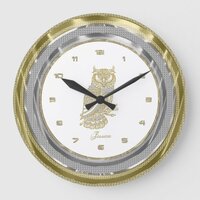 Faux Silver & Gold Border Gold Owl Large Clock