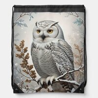 Pretty White Snowy Owl Winter Drawstring Bag