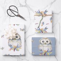 Cute Owl beige and blue watercolor Wrapping Paper Sheets