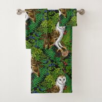 Owls, ferns, oak and berries bath towel set