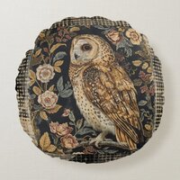 Lovely Owl in the Flowers Garden ,Gold Checkered , Round Pillow