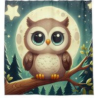 Cute baby owl at night with moon shower curtain
