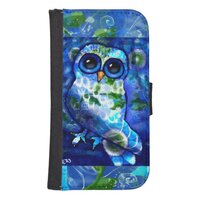 Whimsical Abstract Owl Blue Green Floral Galaxy S4 Wallet Case
