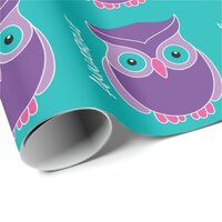 Cute Purple Teal Adorable Owl Personalized Girls Wrapping Paper
