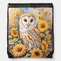 Beautiful Barn Owl And Sunflowers Drawstring Bag