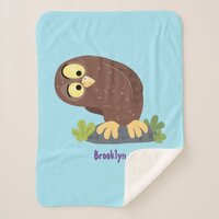 Cute curious funny brown owl cartoon illustration sherpa blanket