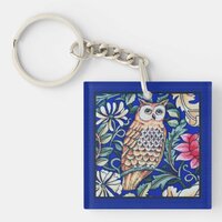 William Morris Owl Tapestry, Beige and Cobalt Blue Keychain