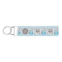 Cute Blue Grey Owl Pattern Monogram Wrist Keychain