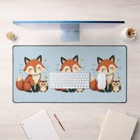 Cute Fox and Owl Whimsical Woodland Illustration Desk Mat