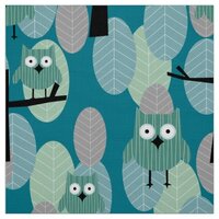 Playful Woodland Retro Owl Pattern Teal Gray Green Fabric