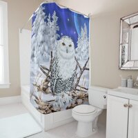 Snowy Owl in Snow Dark Blue Sky Shower Curtain