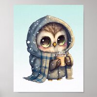 Cute Big-Eyed Owl Holding a Coffee Poster