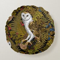 Owls, ferns, oak and berries 2 round pillow