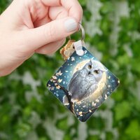 Snowy Owl And Moon With Sparkle, Keychain