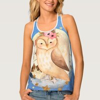 Watercolor Owl with Flowers Moon and Stars Women's Tank Top