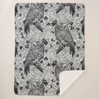 Owls in the oak tree, black and white sherpa blanket