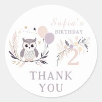 Pastel Boho Owl & Balloons Birthday Thank You Classic Round Sticker