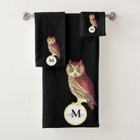 Rustic Watercolor Owl Monogram Name Black Bath Towel Set