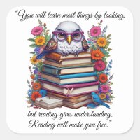 Stack Of Books With Owl And Colorful Flowers Square Sticker