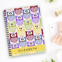 Cute Owls, Owl Pattern, Colorful Owls, Your Name Notebook