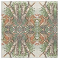 2 angry vintage owls in a tree textile fabric