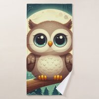 Cute baby owl at night with moon bath towel