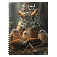 An owl reading a book to little chicks
