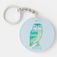 Wise Owl blue green CUSTOM NAME Keychain