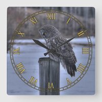 Sitting Great Grey Owl and Ranch Fence Post Square Wall Clock