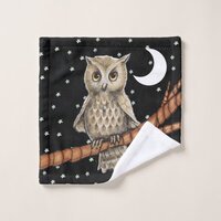 Pretty Owl Wearing Necklace on Branch Moon Stars Wash Cloth