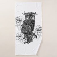Gray Owl White Orchids Bath Towel