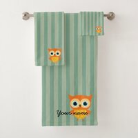 Elegant personalized yellow owl green lines kids bath towel set
