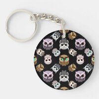 Cute Owl Illustrations over Black Background Keychain