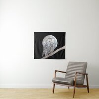 Snowy Owl and Moon Painting - Original Bird Art Tapestry