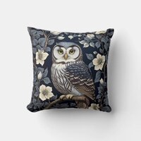 Cute Northern Saw-Whet Owl And Moonflowers On Navy Throw Pillow